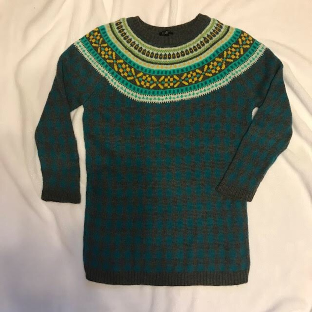 M Petite Sweater Green Charcoal Fair Isles Talbots